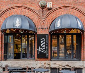 Cafe storefront with two arched black canopies, brick facade, string lights, and a vertical sign reading Teed's Organic Coffee & Cheesecake.