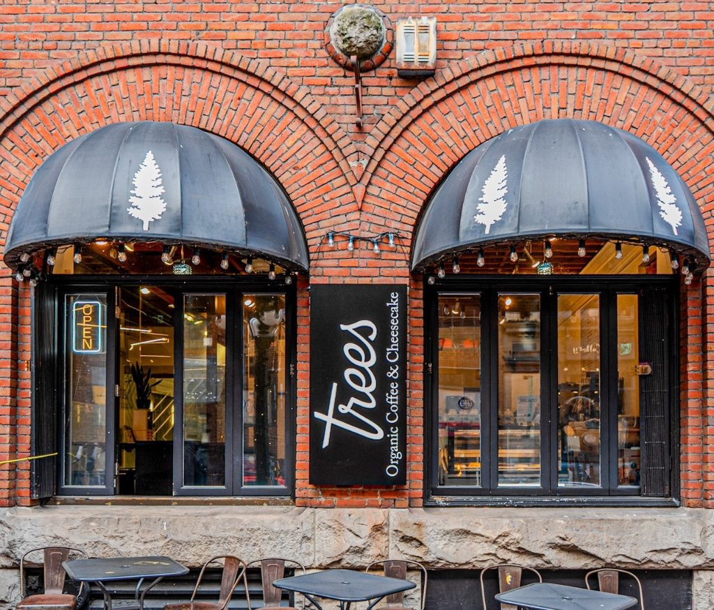Cafe storefront with two arched black canopies, brick facade, string lights, and a vertical sign reading Teed's Organic Coffee & Cheesecake.