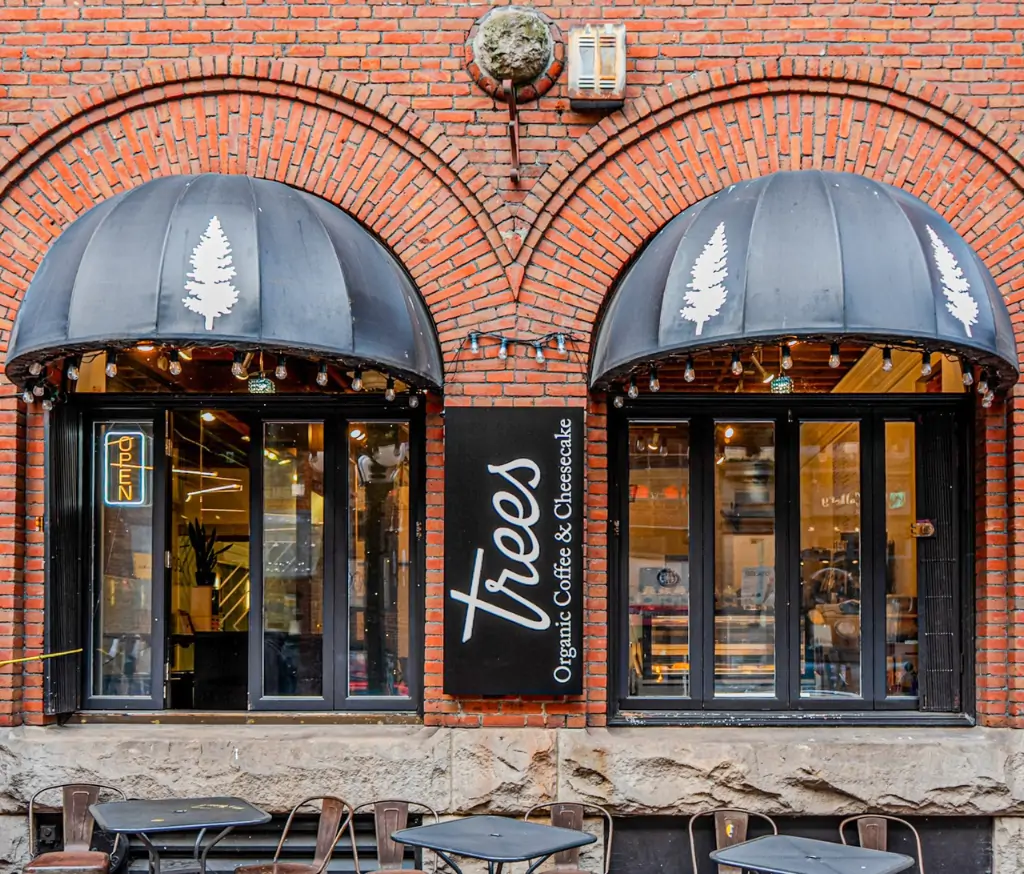 Cafe storefront with two arched black canopies, brick facade, string lights, and a vertical sign reading Teed's Organic Coffee & Cheesecake.